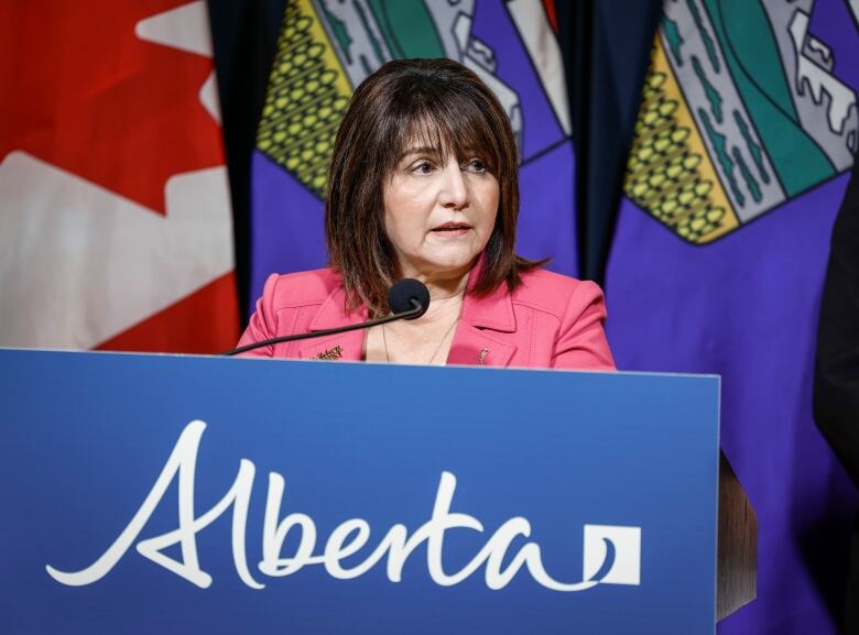 A woman with brown hair speaks at a podium. She is wearing a pink blazer. 