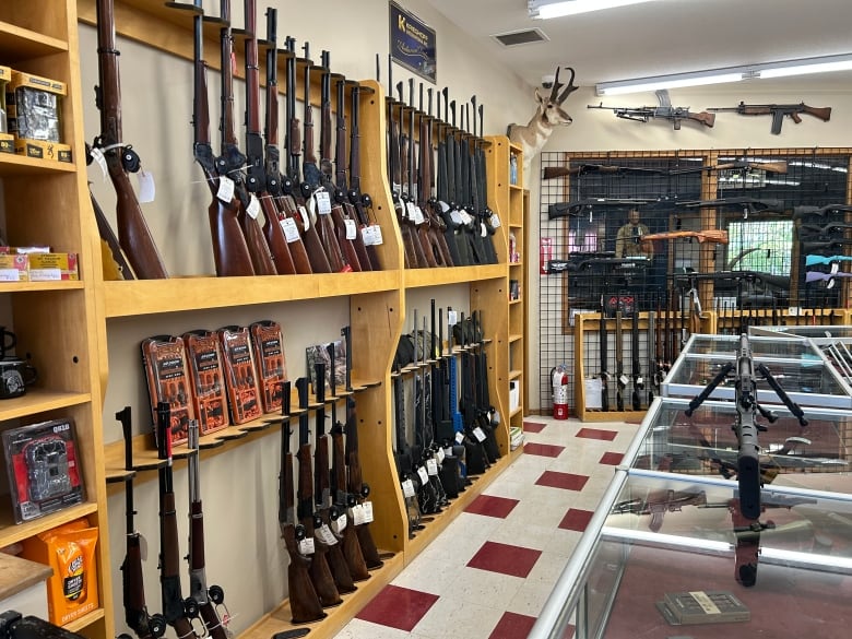 The inside of a gun store, showing racks of different types of guns