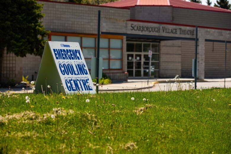 A photograph of the Scarborough Village Theatre with a sandwich board outside that says 