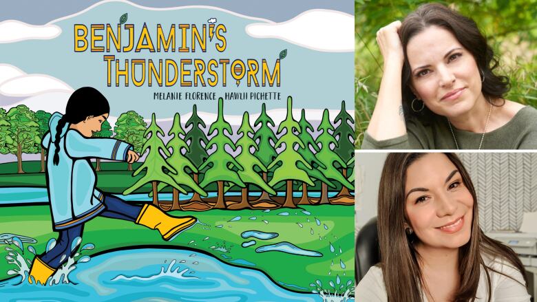 Benjamin's Thunderstorm by Melanie Florence, illustrated by Hawlii Pichette. An illustrated book cover with a young Indigenous boy in yellow rain boots splashing in a puddle. Portraits of two Indigenous women.