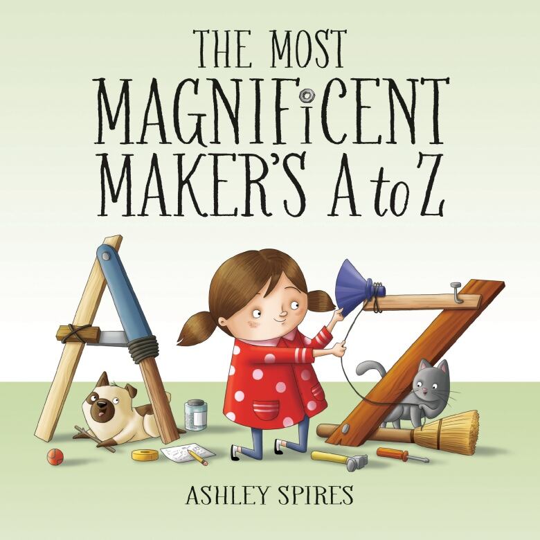 An illustrated book cover with a young girl with brown hair building the letters A & Z out of wood.