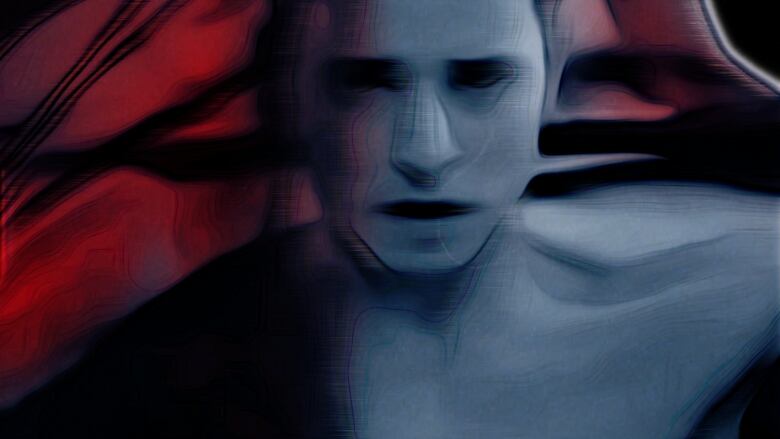 Still frame from the film Meteor. Rotoscoped image of a man looking haunted in grey and red light.