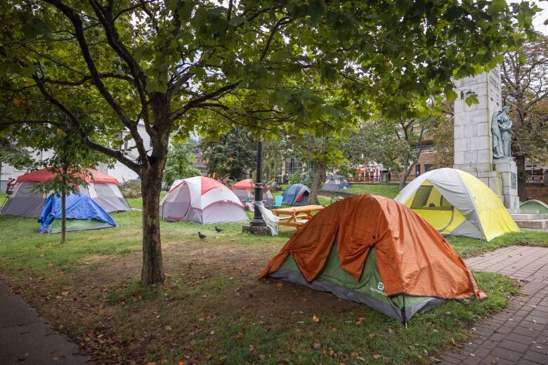 Several tents are seen setup in a city park.