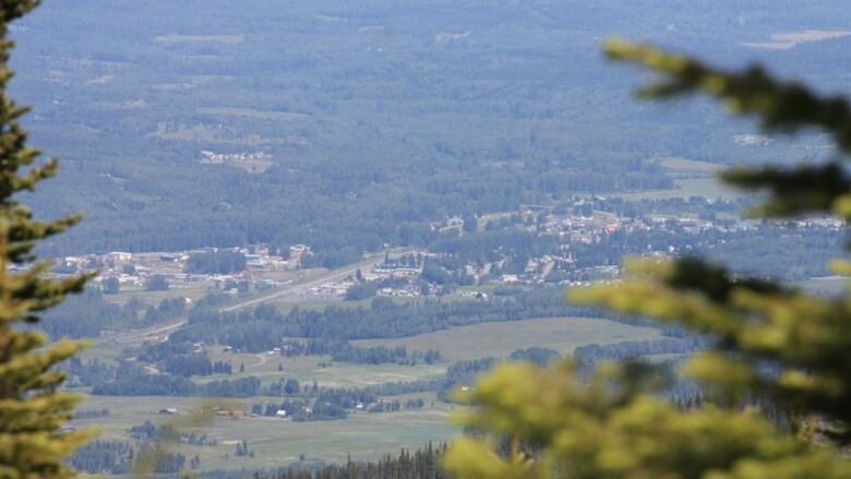 Aerial view of a small community surrounded by forests.