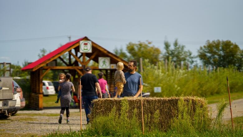 People, including kids, walk from a parking lot toward an orchard.