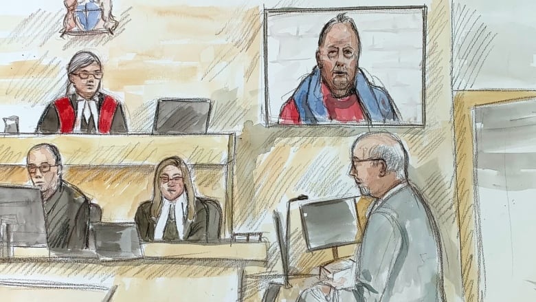 An artist's courtroom sketch shows a courtroom with a judge, two clerks and a lawyer, and an accused man appearing on a video screen wearing red and blue.