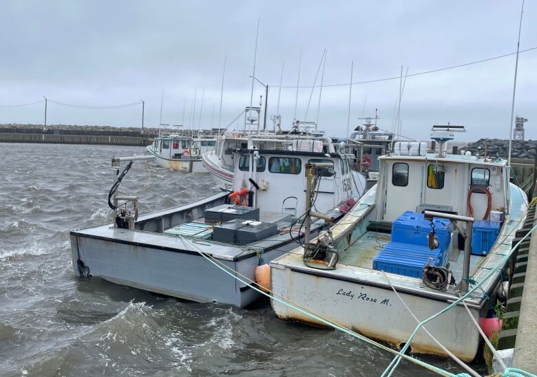 Two fishing boats tied up in rocky waters