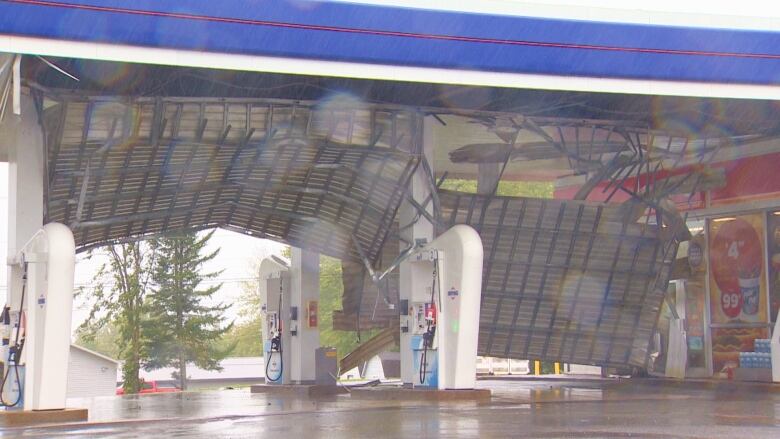 The underside of the canopy at an Irving gas station hanging off