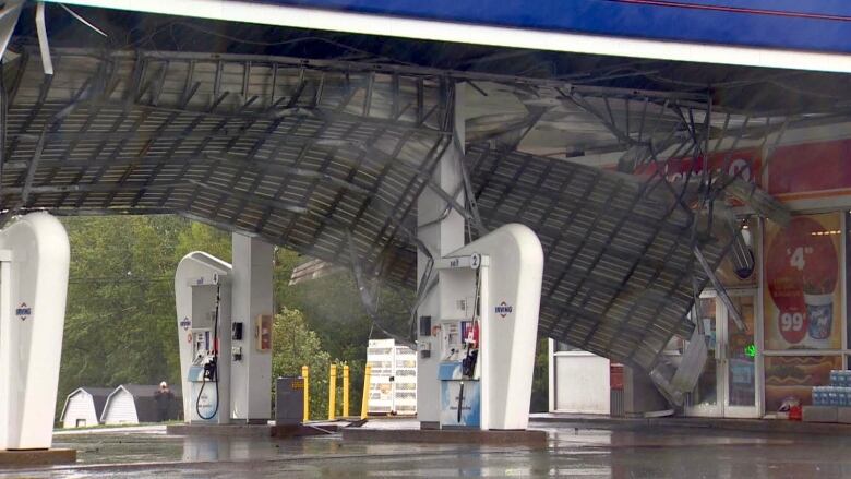 A collapsed roof at a gas station near Fredericton, N.B. on Saturday.