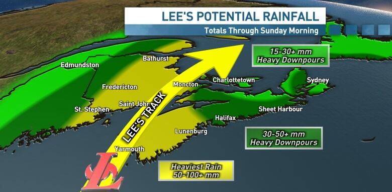 Most of New Brunswick is yellow, indicating areas of highest rainfall.