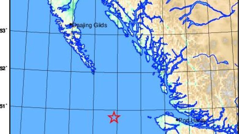 A star west of Vancouver Island marks the location of a minor earthquake.