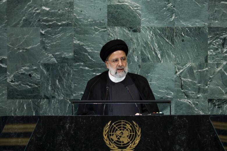 A bearded man in a turban and wearing glasses speaks at a podium at the United Nations.