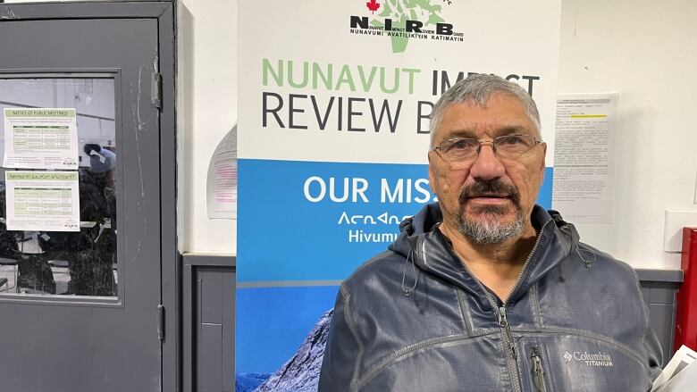 A portrait of a man in front of a Nunavut Impact Review Board sign.