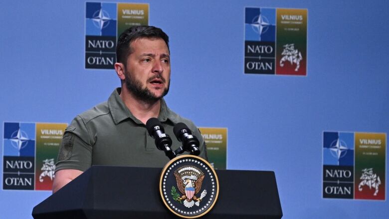 Ukrainian President Volodymyr Zelensky speaks at an event with G7 leaders to announce a Joint Declaration of Support for Ukraine during the NATO Summit, in Vilnius, Lithuania, Wednesday, July 12, 2023. 