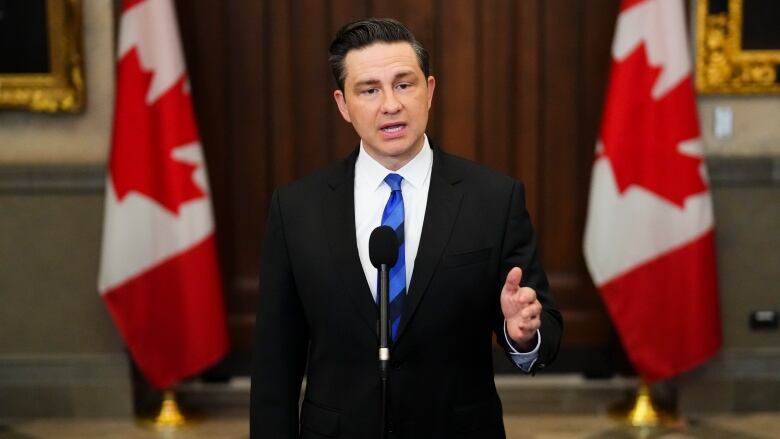 Conservative Leader Pierre Poilievre speaks to reporters in the foyer of the House of Commons.