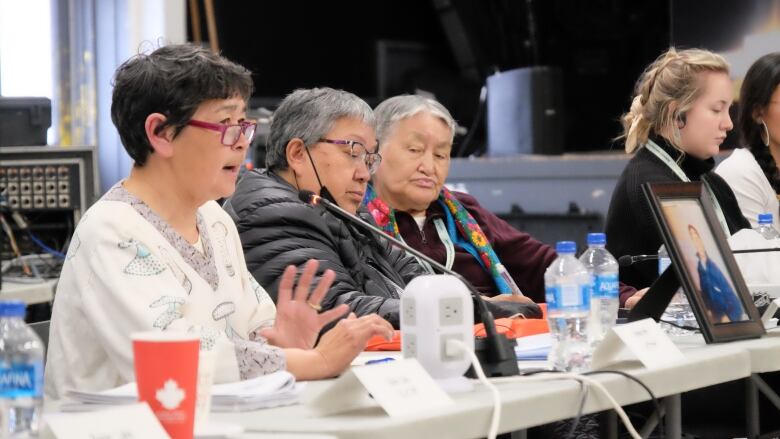 People sit behind a long table in a room and one woman speaks into a microphone.