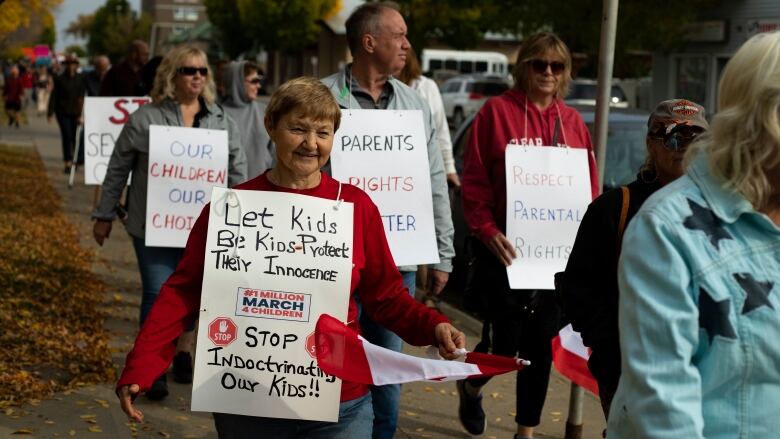 A group of about 100 people March in support of the 1 Million March 4 Children in Brandon on Wednesday, Sept. 20, 2023.