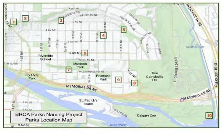 A map of a city with numbers 1 through 10 in boxes placed throughout.