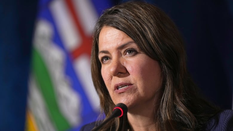 A woman is pictured in front of a flag.