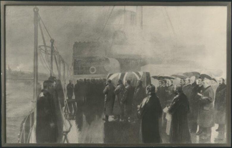 A black and white drawing of sombre people waiting on a dock as a coffin is offloaded.