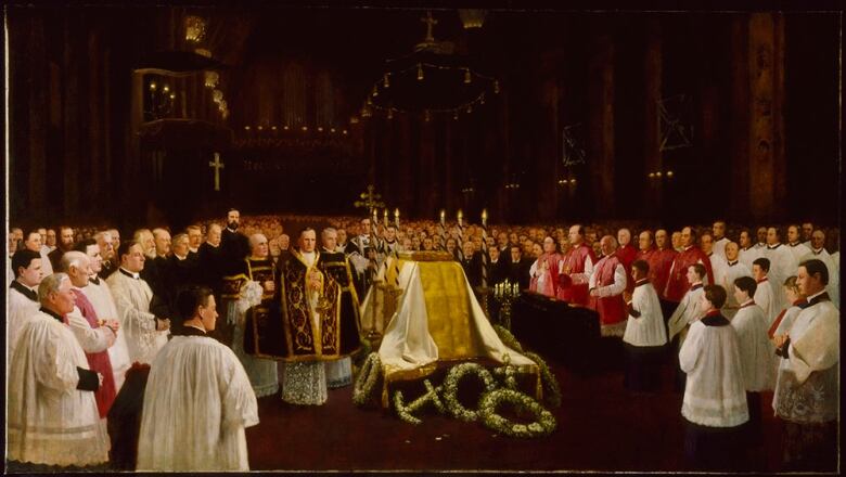 A rich paining of priests officiating at a large and elaborate Catholic funeral ceremony in a cathedral