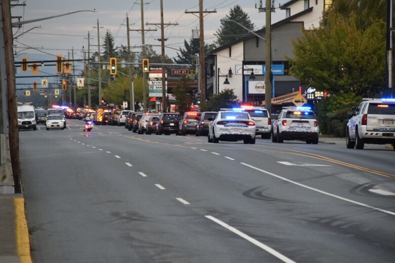 Several marked and unmarked police cars are shown driving with their lights on down a road. 