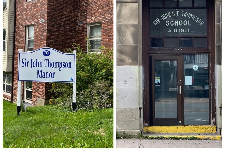 A collage of the exterior of Sir John Thompson Manor and the front door of the former school named after him.