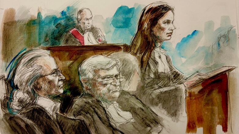 Court sketch of Peter Nygard during opening statement by the Crown at his criminal trial in Toronto.