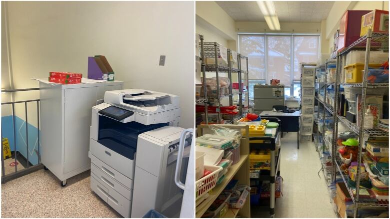 A composite image of a photocopier in the hallway and cluttered storage room.