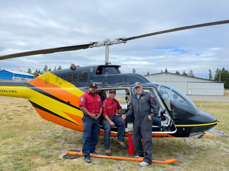 three men pose in front of a helicopter