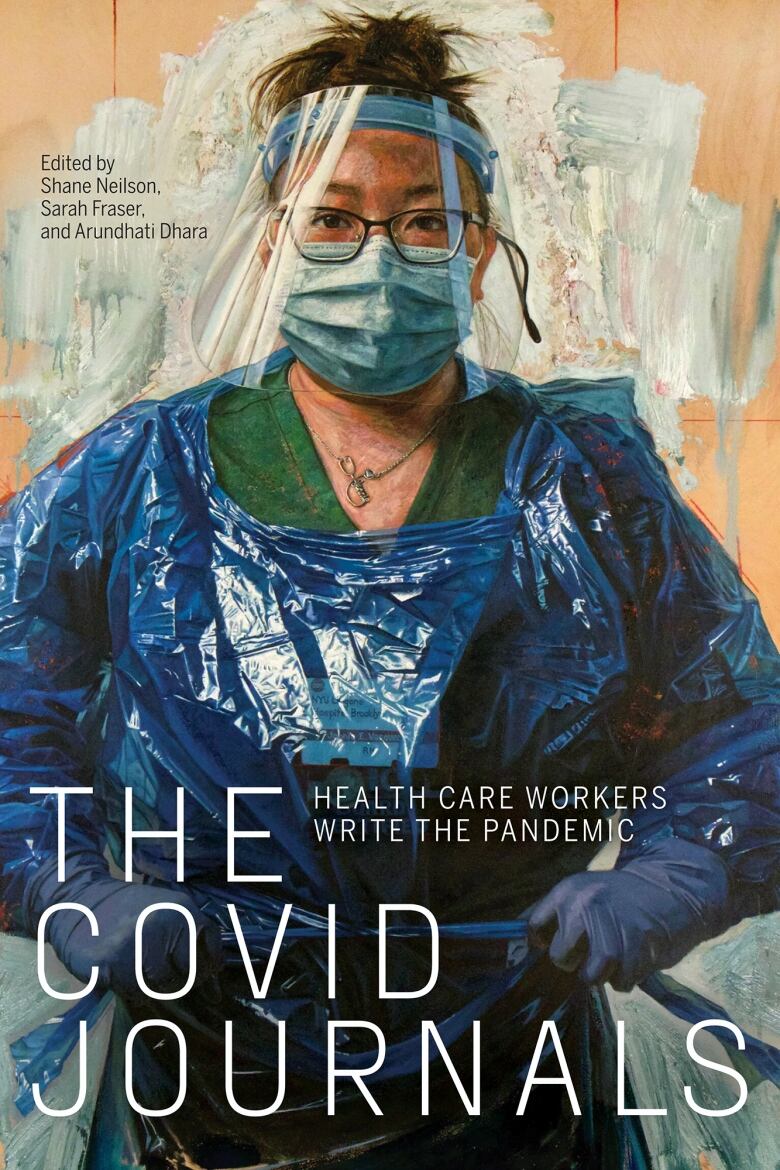 A painting depicts a health-care worker dressed in full PPE, with plastic gown, gloves, face mask and face shield.