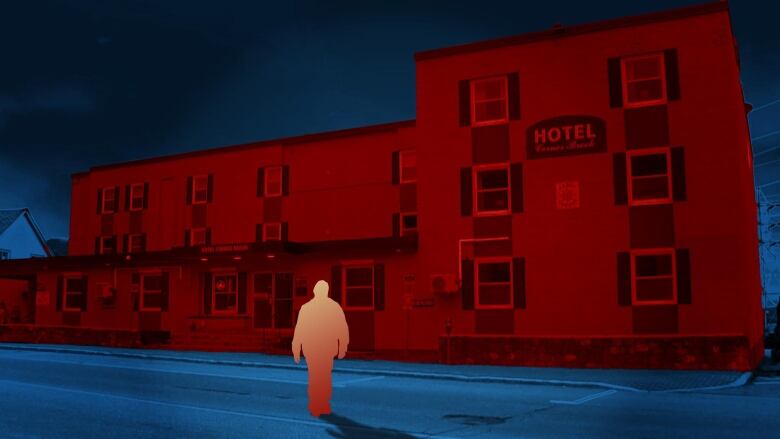 A stylized image of the exterior of a concete building. A faceless figure is walking toward the building. 