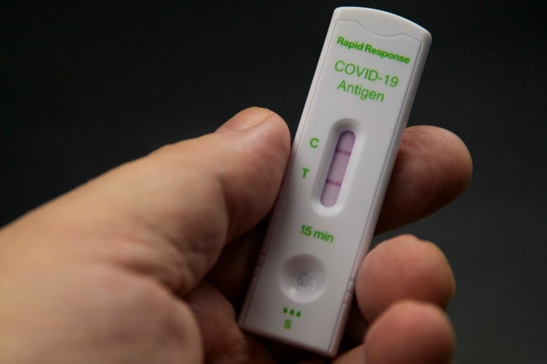 Close up of a hand holding a positive rapid test, with two lines. 