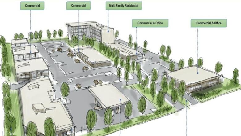 A blueprint of an urban reserve showing gas stations, residential and office buildings with smattering of green space.