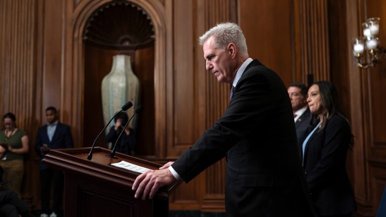 U.S. House Speaker Kevin McCarthy speaks to reporters at the U.S. Capitol.