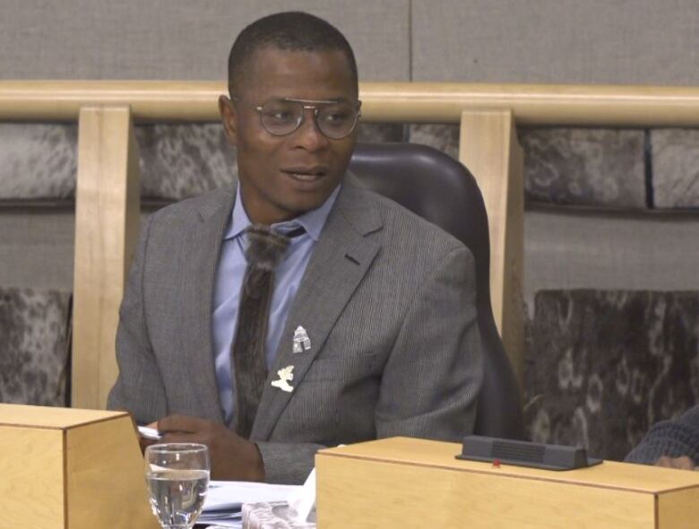 A man with a grey suit, purple shirt and sealskin tie sits in the legislative assembly and presents to members. 