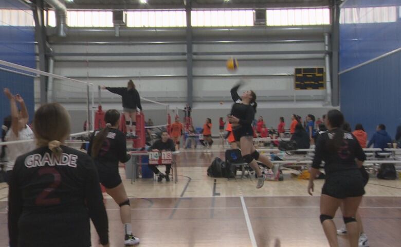 A player jumps up to spike the ball as her teammates watch.