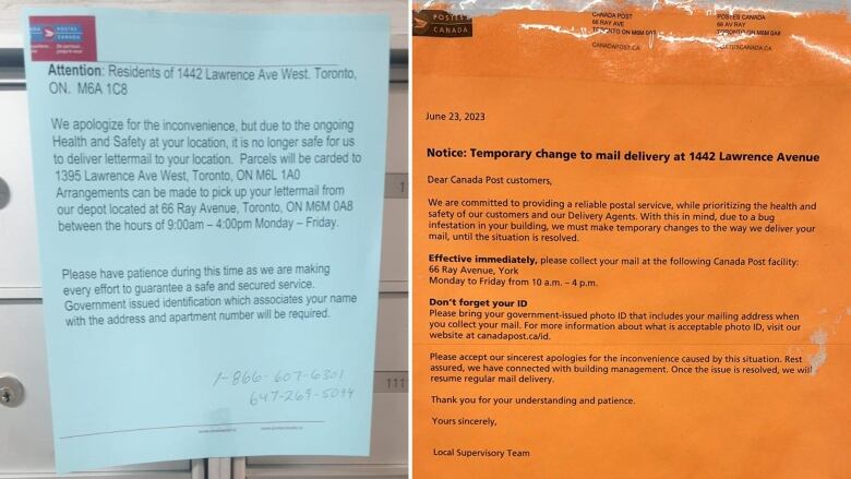 Two letters from a postal service show that they have decided to stop delivering at a residential building due to health and safety concerns.