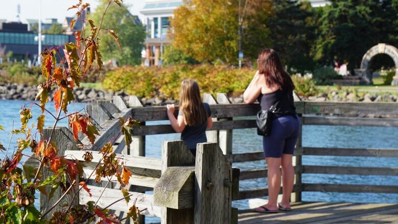 Two women stand on a boardwalk, leaning over a rail. 