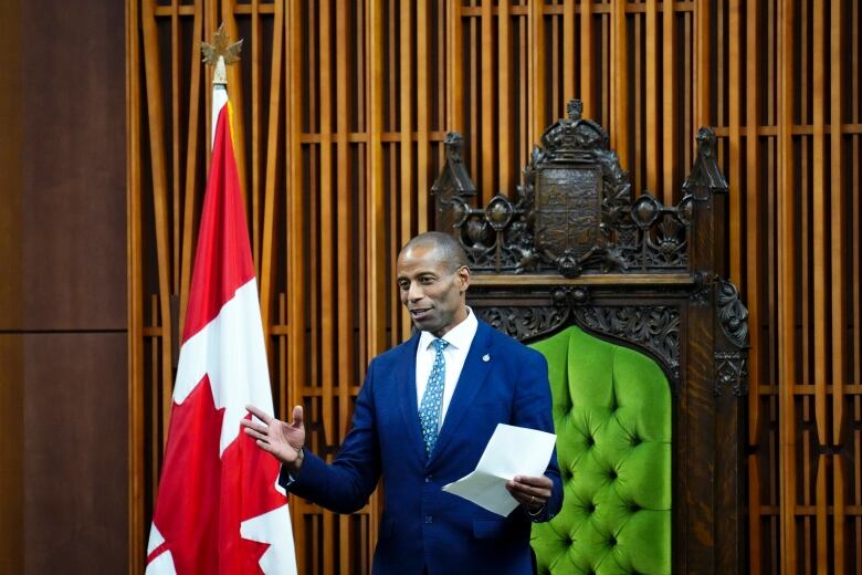 Newly elected Speaker of the House of Commons Greg Fergus speaks from his chair in the House of Commons on Parliament Hill in Ottawa on Tuesday, Oct. 3, 2023.