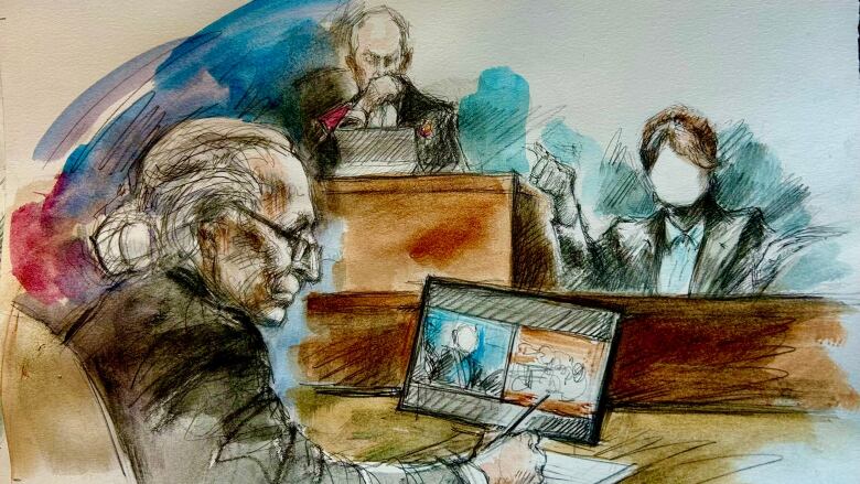 A courtroom sketch showing a judge, an older man at a table and a woman on the witness stand.