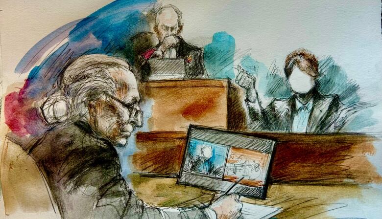 A courtroom sketch showing a judge, an older man at a table and a woman on the witness stand.