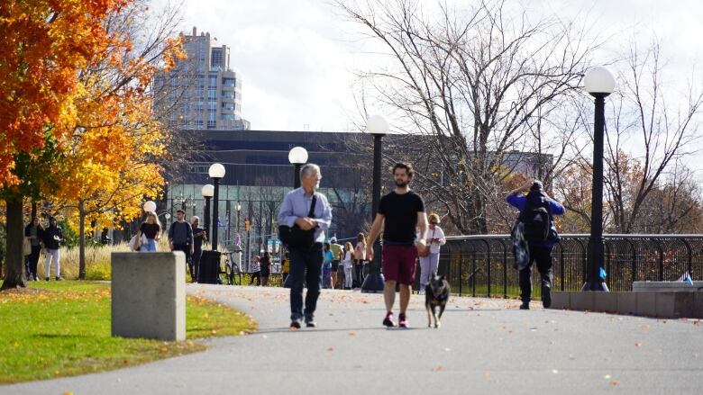 People walking along a path in a park in an urban environment. Some trees have lost their leaves and some are changing.