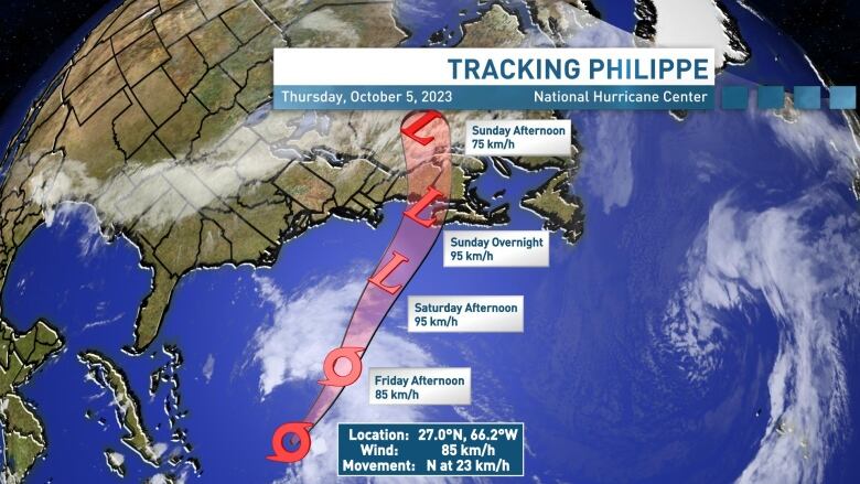 A map of the United States and Canada with a red line showing Philippe's track over it.