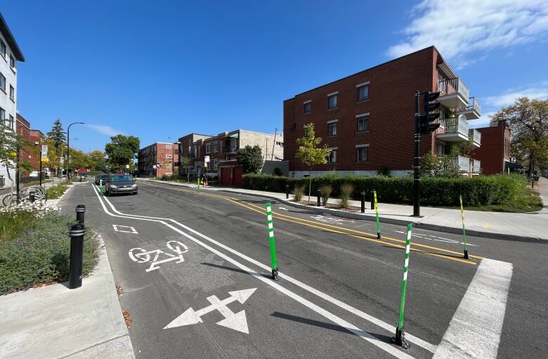 Two bike lanes on either side of a one-way street.