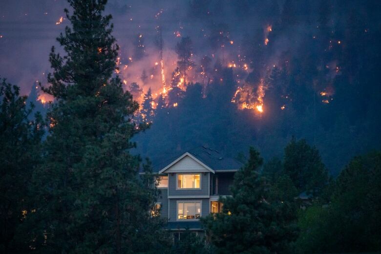 Bright orange flames can be seen on a forested mountainside above a large house.