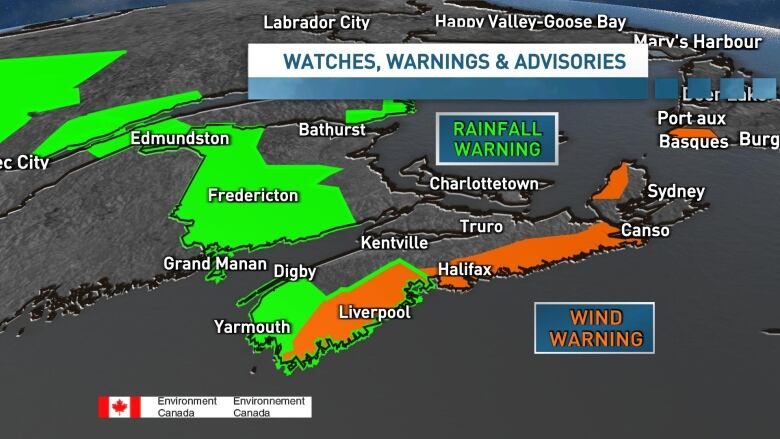 A map shows southern nova scotia highlighted in orange due to a wind warnings and western areas highlighted in green due to a rainfall warning.