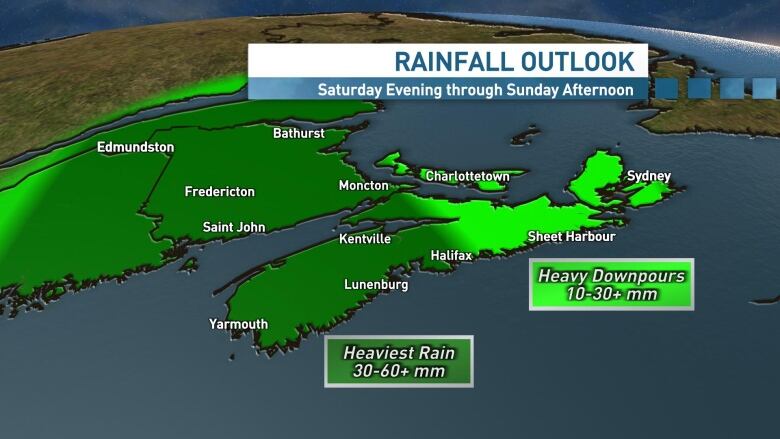 A map shows yellow areas where between 50 and 80 millimetres of rain are expected, dark green where  20 to 40 millimetres are expected and light green where 10 to 30 millimetres are expected 