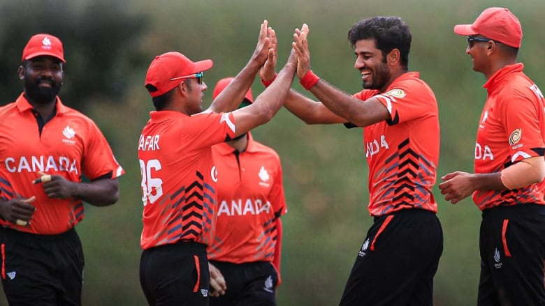 Two male cricketers give each other high fives with both hands while smiling as teammates stand around them outside during a match.