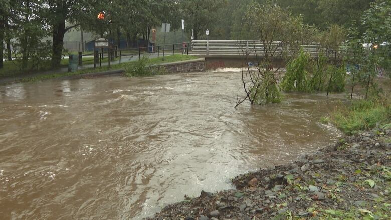 A rain-swollen river washes the bottom of a bridge in a city neighbourhood.